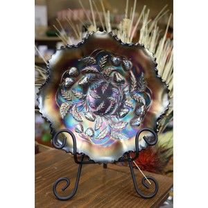 Northwood Carnival Glass Amethyst Strawberry Bowl with Basket Weave Back